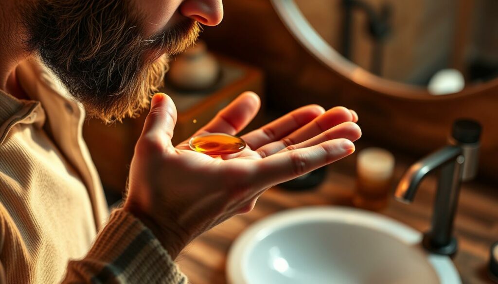 A well-groomed man's hand carefully applying a few drops of amber-colored bartöl onto his palm, focusing intently on the ritual. Warm, indirect lighting casts a soft, inviting glow, highlighting the lush, healthy-looking beard. The bartöl is massaged evenly through the facial hair, nourishing and conditioning the strands. In the background, a rustic, wooden vanity table sets the scene, conveying a sense of refined, masculine self-care. The overall mood is one of considered, purposeful grooming - a necessary step in maintaining a stylish, well-kept beard.