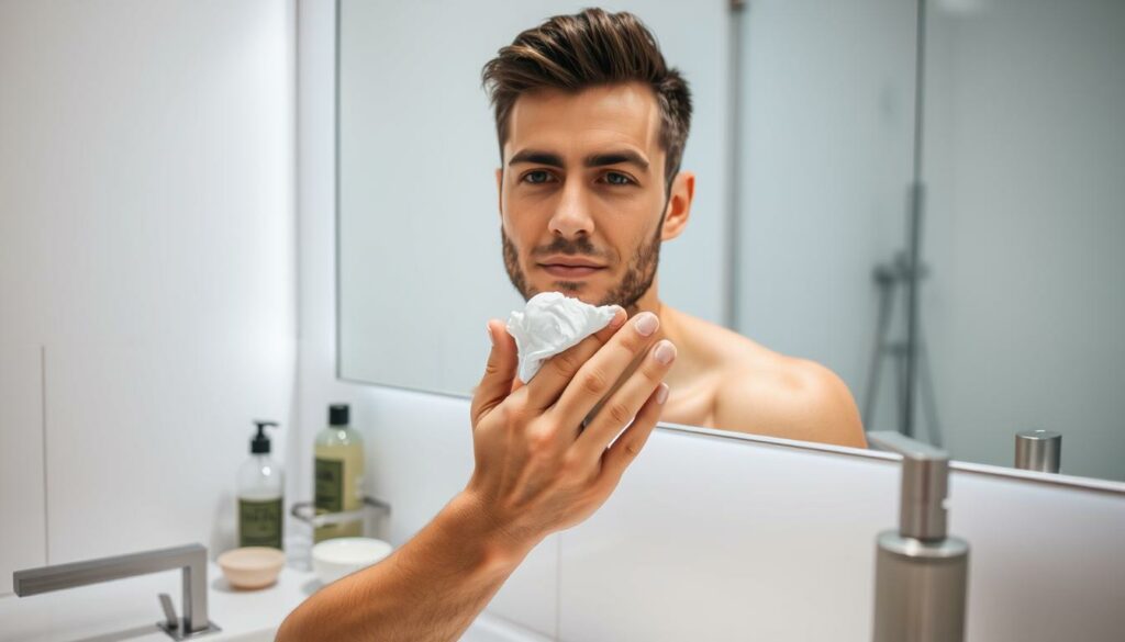A well-lit bathroom counter with a clean, modern aesthetic. In the foreground, a man's hands gently massaging a cleansing foam onto his face, his expression calm and focused. The middle ground features various skincare products arranged neatly, including a bottle of face wash, a small bowl, and a washcloth. In the background, a minimalist mirror reflects the man's face, illuminated by soft, indirect lighting. The overall mood is serene and tranquil, emphasizing the importance of a thoughtful, intentional grooming routine for the modern man.