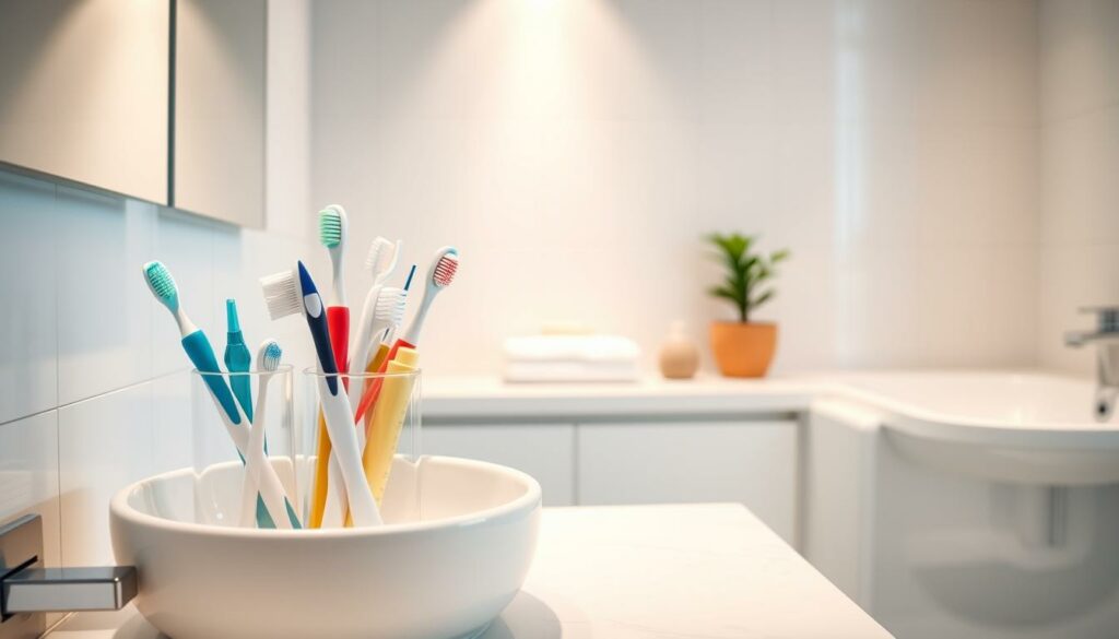A well-lit bathroom interior with a modern, minimalist aesthetic. In the foreground, a porcelain sink and a glass tumbler filled with toothbrushes, dental floss, and other oral hygiene products. The middle ground features a countertop adorned with a bar of soap, a hand towel, and a small potted plant, creating a calming and organized atmosphere. The background showcases a sleek, tiled wall with subtle lighting, emphasizing the clean and hygienic environment. The overall mood is one of care, attention to detail, and a focus on maintaining proper oral health and hygiene.