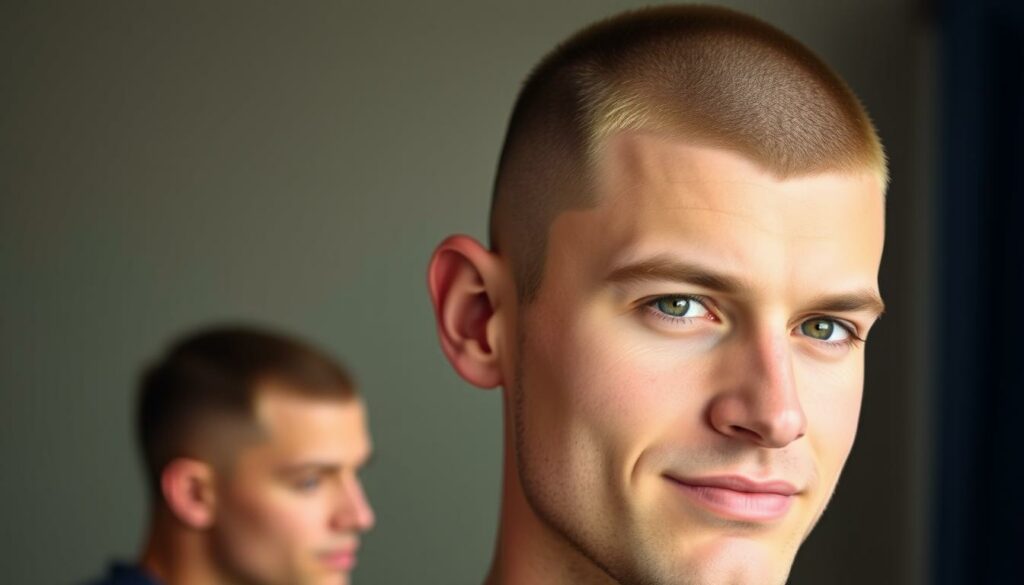 A well-lit, close-up portrait of a man with various buzz cut hairstyles suited for different face shapes. The foreground features the man's face in a natural, relaxed expression, showcasing the buzz cut from multiple angles. The middle ground highlights the texture and details of the haircut, capturing the short, uniform length and clean lines. The background is softly blurred, keeping the focus on the subject's head and face. The lighting is soft and flattering, emphasizing the contours of the face and the shape of the buzz cut. The overall mood is calm and informative, inviting the viewer to examine the versatility of the buzz cut for different facial features.