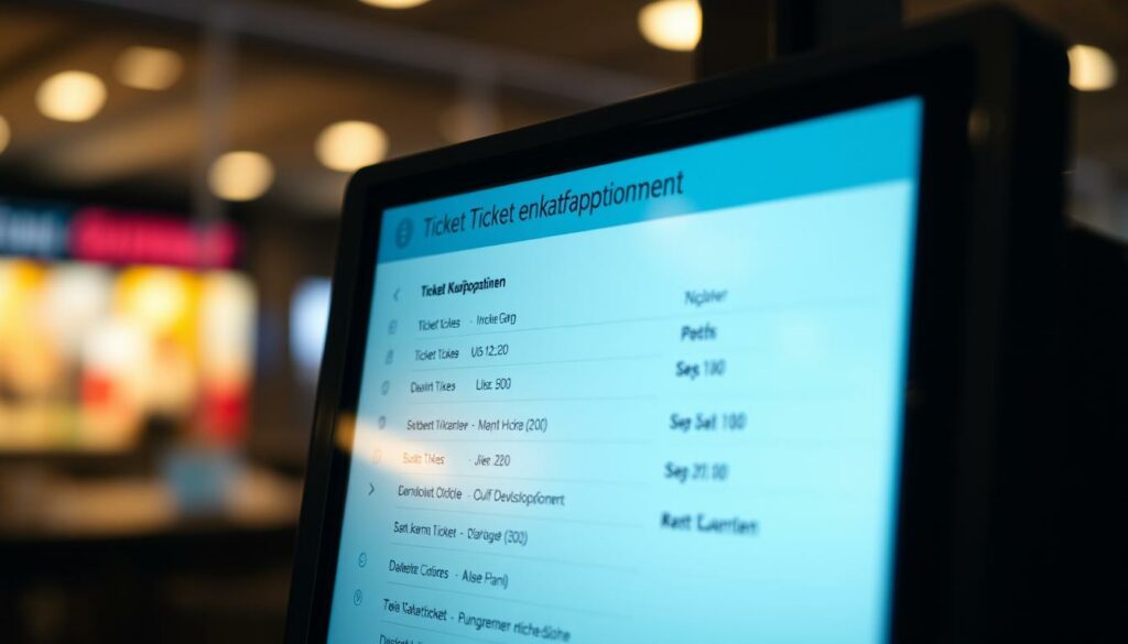 A well-lit close-up shot of a digital screen displaying the "Ticket Kaufoptionen" (Ticket Purchase Options) interface. The screen shows various ticket types, prices, and purchase options in a clean, user-friendly layout. The background is slightly blurred, focusing the viewer's attention on the screen. The overall atmosphere is one of simplicity and efficiency, reflecting the ease of using the Deutschlandticket system.