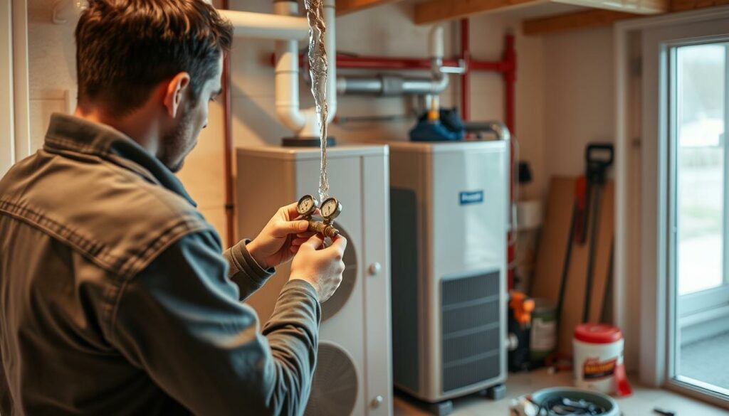 A well-lit, detailed interior scene showcasing the final steps of a residential air-to-water heat pump installation. In the foreground, a technician is carefully filling the system with water, checking gauges and valves. The middle ground reveals the compact heat pump unit, its modern lines and sleek finish blending seamlessly into the surrounding home environment. In the background, various tools and materials suggest the completion of a thorough, professional-grade installation process. Soft, directional lighting casts warm tones, conveying a sense of care and precision as the final testing is conducted, ready to ensure the system's optimal performance and energy efficiency.