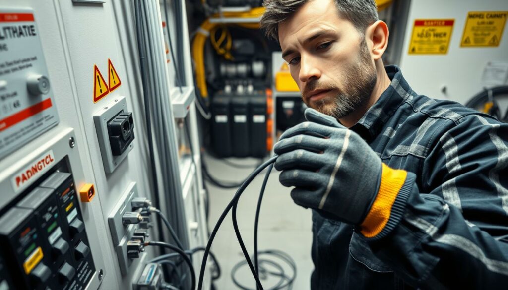 A well-lit, high-angle view of an electrician working safely with electrical cables and equipment. The foreground shows the electrician's gloved hands carefully connecting wires, with a focused expression. The middle ground features various electrical components, including circuit breakers, outlets, and cable conduits, all neatly organized and labeled. The background depicts a clean, orderly workshop setting with appropriate safety signage and equipment, conveying a sense of professionalism and attention to detail. The overall scene exudes an atmosphere of diligence, caution, and adherence to workplace safety protocols.