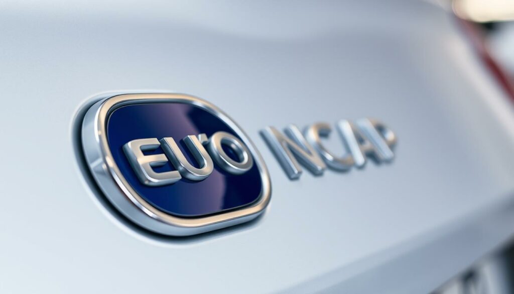 A well-lit, high-resolution image of the Euro NCAP safety rating logo, captured at a dynamic angle with a shallow depth of field. The logo stands prominently in the foreground, its sleek metallic surface reflecting the surrounding environment. The background is softly blurred, creating a sense of depth and focus on the central design. The lighting is crisp and evenly distributed, accentuating the clean lines and bold typography of the logo. The overall composition conveys a sense of authority, precision, and the highest safety standards associated with the Euro NCAP certification.