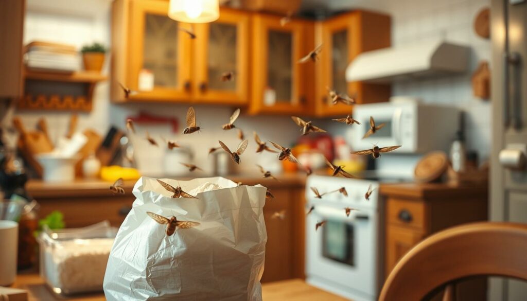 A well-lit kitchen interior, the countertops cluttered with various food items. In the foreground, a group of small, brown moths fluttering around an open bag of flour, their delicate wings catching the soft, warm lighting. The middle ground reveals more of the kitchen, with cabinets, appliances, and other cooking utensils visible, all under the watchful gaze of the pesky insects. The background blurs into a softened, homely atmosphere, conveying a sense of domestic disruption. The overall scene captures the unwelcome presence of food-infesting moths in an otherwise well-maintained kitchen.