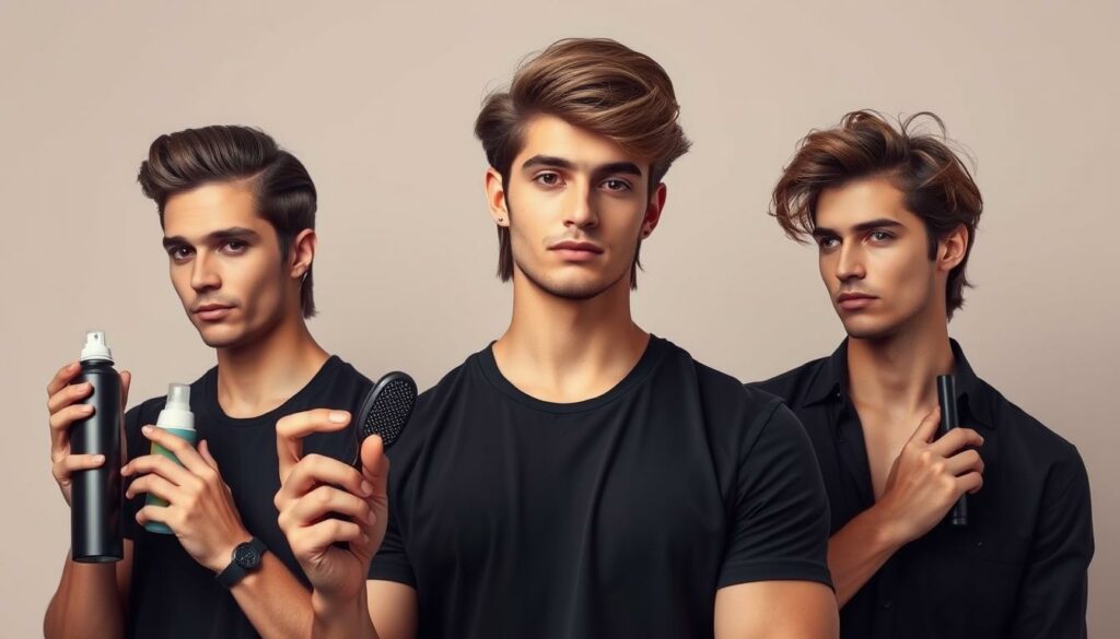 A well-lit, professional studio shot of a young, stylish man with medium-length hair showcasing different hairstyles and styling techniques. The foreground features the man demonstrating various hair products, tools, and techniques such as volumizing mousse, texturizing spray, and a round brush. The middle ground has the man posing with different hairstyles - a slicked-back look, a messy textured style, and a side-parted style. The background is a plain, neutral-colored backdrop, creating a clean, minimal, and visually appealing composition. The lighting is soft and flattering, accentuating the man's features and the texture of his hair. The overall mood is modern, fashionable, and inspirational, capturing the latest trends in men's medium-length hairstyles.