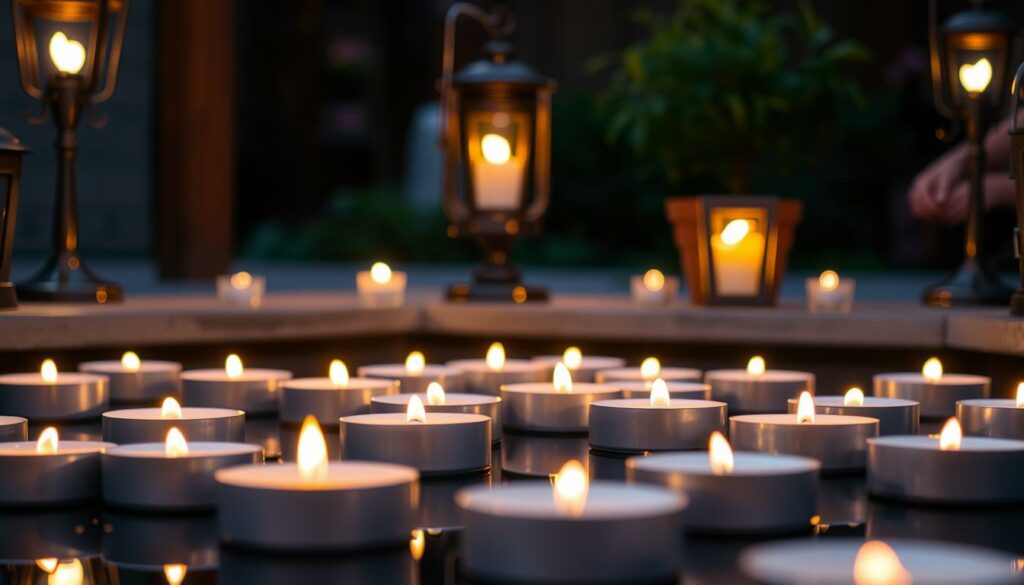 A well-lit setting with a group of floating swimming candles and citronella candle lamps, casting a warm, inviting glow. The candles are arranged in a visually pleasing manner, with the citronella lamps strategically placed to provide both ambiance and mosquito deterrence. The scene is captured from a slightly elevated angle, showcasing the interplay of light and shadow, and the tranquil, serene atmosphere. The background is blurred, allowing the candles and lamps to take center stage, while hinting at a cozy, outdoor setting, perfect for a relaxing evening.