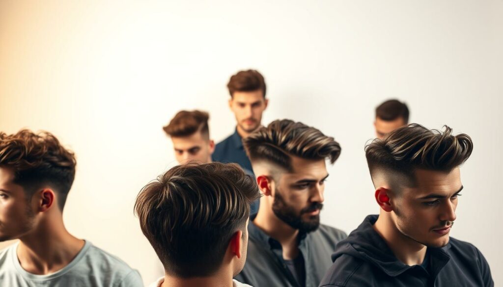 A well-lit studio setting showcasing an array of diverse male hairstyles and grooming techniques. Prominent in the foreground, a collection of stylish medium-length haircuts, each with distinct textures and subtle variations - tousled waves, comb-overs, textured pompadours. In the middle ground, a selection of short and long styles, highlighting the versatility of men's hair. The background features a minimalist backdrop, allowing the focus to remain on the subject matter. Warm, directional lighting accentuates the sheen and volume of the hair, creating a sense of depth and dimension. The overall mood is one of refined masculinity and attention to personal style.