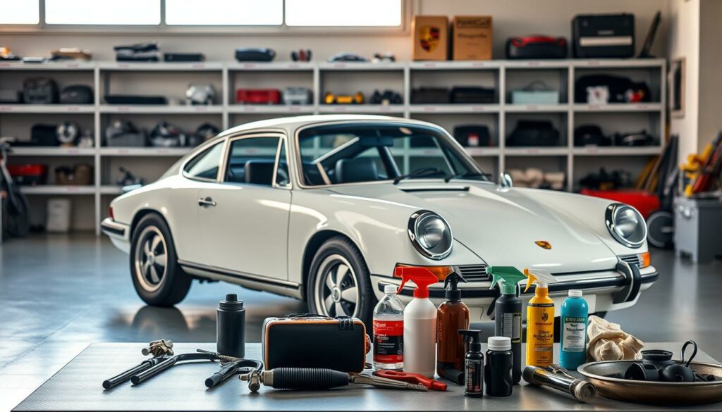 A well-maintained 1970s Porsche 911 Carrera parked in a clean, well-lit garage. The car's sleek, aerodynamic silhouette is captured in soft, warm lighting, highlighting the iconic curves of the body. In the foreground, a set of tools and cleaning supplies are neatly arranged, suggesting the owner's meticulous attention to detail. The background features shelves stocked with Porsche-branded parts and accessories, creating a sense of professionalism and dedication to the craft of maintaining these legendary vehicles. The overall atmosphere conveys a reverence for the Porsche 911 and the pride of ownership.