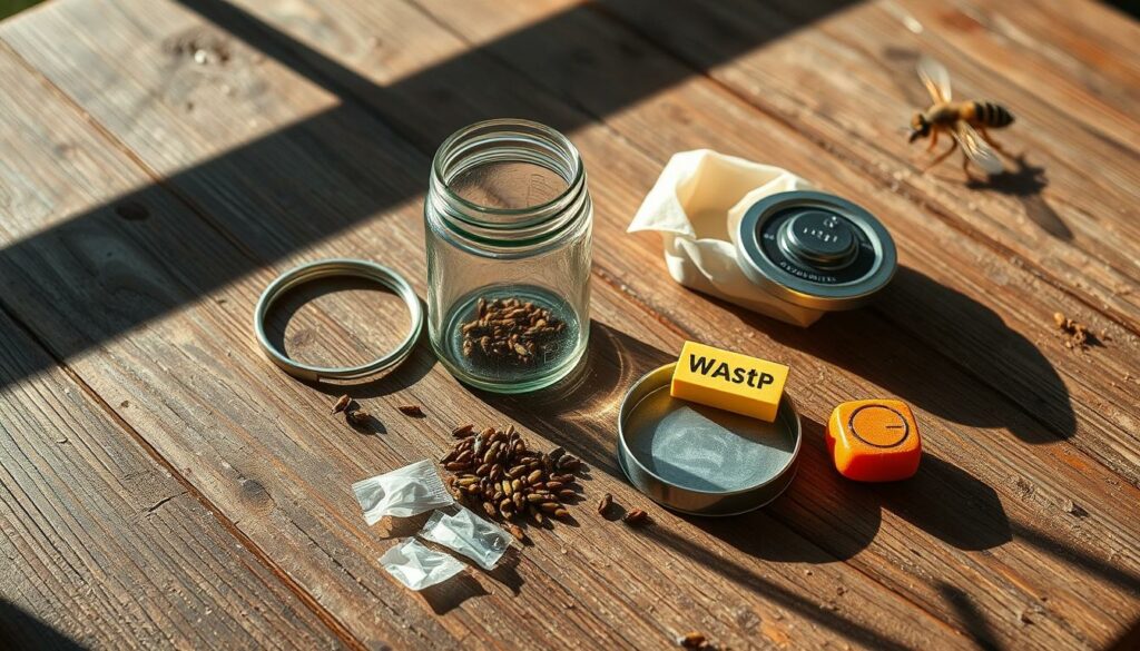 A well-organized DIY wasp trap on a rustic wooden surface, with a glass jar, metal lid, bait, and other necessary materials neatly arranged. The scene is brightly lit from the side, casting dramatic shadows and highlighting the textures of the materials. The overall mood is practical and informative, inviting the viewer to imagine constructing their own trap. The composition emphasizes the simplicity and accessibility of the project, encouraging readers to try it themselves.