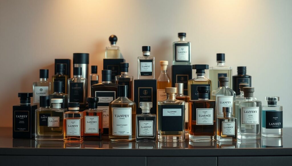 A well-stocked display of men's fragrances, arranged in an elegant and sophisticated manner. The bottles, with their distinct shapes and eye-catching designs, stand out against a neutral, minimalist background, allowing the scents to take center stage. Warm, subtle lighting highlights the intricate details and textures of the glass and packaging, creating a sense of luxury and refinement. The arrangement is carefully curated, with the fragrances positioned in a visually pleasing manner, inviting the viewer to explore and discover their perfect signature scent. The overall atmosphere conveys a sense of discerning taste and the pursuit of the finest grooming essentials for the modern gentleman.