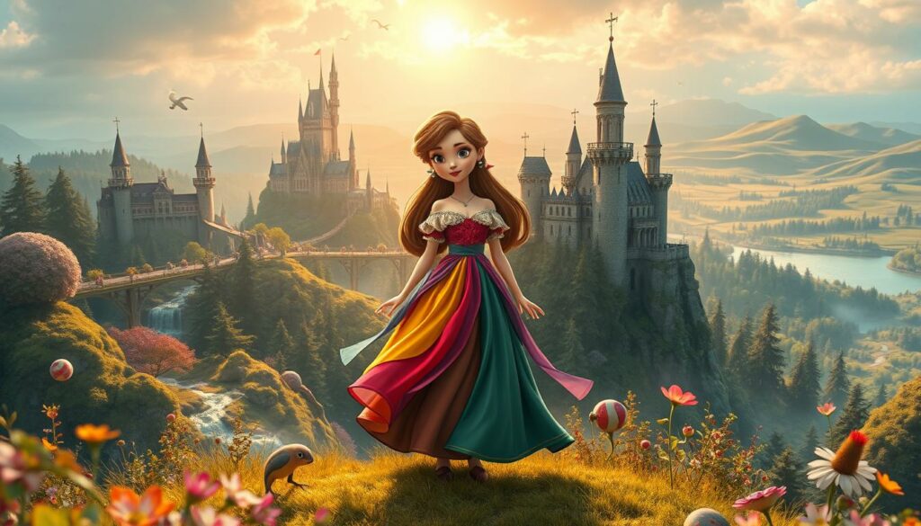 A whimsical fantasy world of Chantal Märchenland, where the beloved character from Fack Ju Göhte steps into a realm of enchantment. In the foreground, Chantal stands tall, adorned in a flowing gown of vibrant colors, her expression a mix of wonder and determination. Surrounding her, a lush, dreamlike landscape unfolds, with towering castle spires, mystical forests, and a sky aglow with warm, diffused light. Intricate details dance throughout the middle ground, from glittering streams to fantastical flora. In the distance, a horizon of rolling hills and a shimmering lake create a sense of depth and boundless possibility. The overall mood is one of whimsy, adventure, and a touch of the unexpected – a fitting twist for the beloved Fack Ju Göhte series.