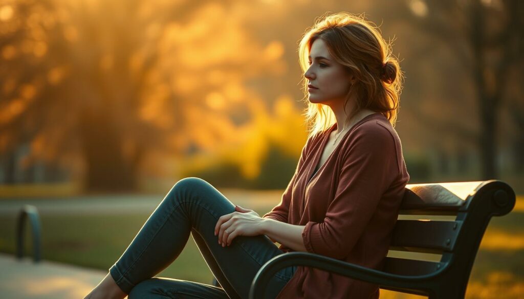 A woman sitting on a bench, her body language conveying deep thought and introspection. The scene is bathed in warm, golden lighting, creating a contemplative atmosphere. Her posture is relaxed yet attentive, with one leg crossed over the other, her hands resting on her lap. The background is blurred, placing the focus on her expression and body language, which reveal the nuances of her emotional state. The image aims to illustrate the concept of "Körpersprache verstehen" - understanding the subtle cues and messages conveyed through nonverbal communication.
