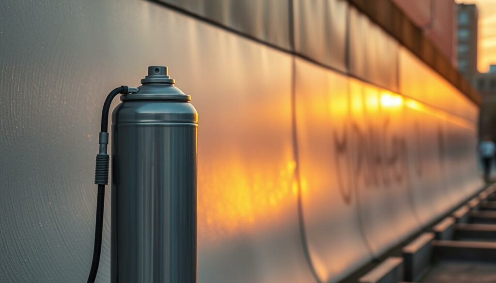 An anti-graffiti protective coating covers a city wall, its smooth surface reflecting the warm glow of sunset. The coating shimmers with a subtle sheen, creating an impenetrable barrier against potential vandalism. In the foreground, a can of specialized anti-graffiti spray stands ready, its nozzle poised to quickly and efficiently remove any unwanted markings. The overall scene conveys a sense of proactive prevention, where the wall's protected surface discourages would-be graffiti artists, preserving the urban landscape's clean and well-maintained appearance.