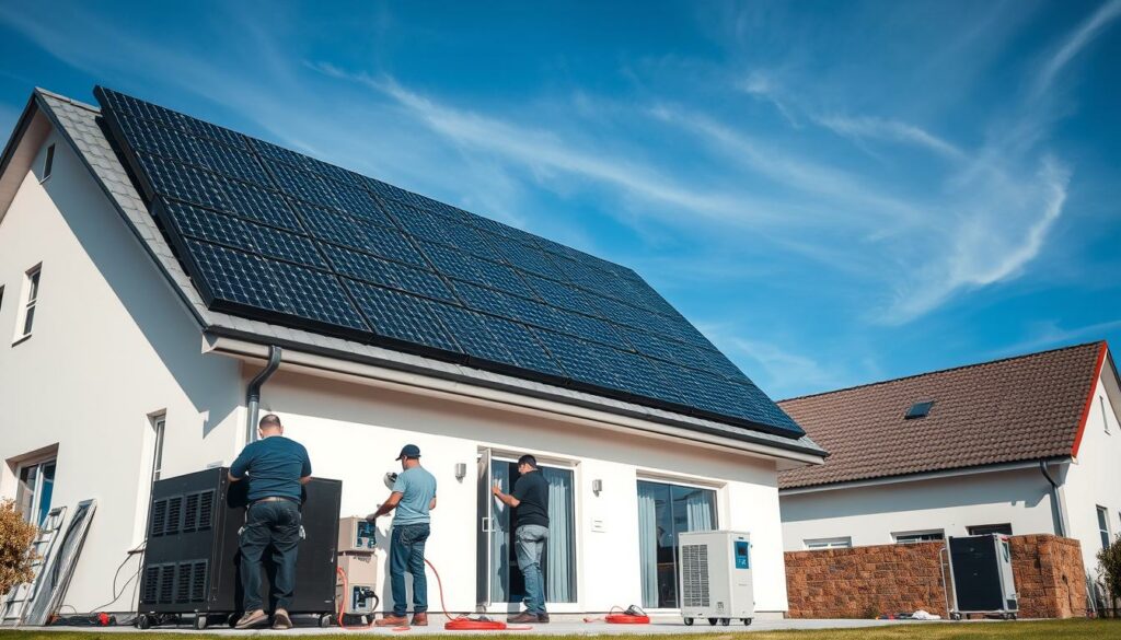 An installation of a solar energy system on the roof of a modern residential house. The solar panels are mounted on the angled roof, their sleek black frames contrasting with the white exterior of the building. In the foreground, technicians are carefully connecting the electrical components, ensuring proper wiring and installation. The mid-ground showcases the solar inverter and other supporting equipment, neatly arranged on the ground. In the background, a clear blue sky with wispy clouds creates a serene and optimistic atmosphere, emphasizing the clean, renewable energy source. The scene is captured with a wide-angle lens, highlighting the scale and integration of the solar installation within the home's architecture.