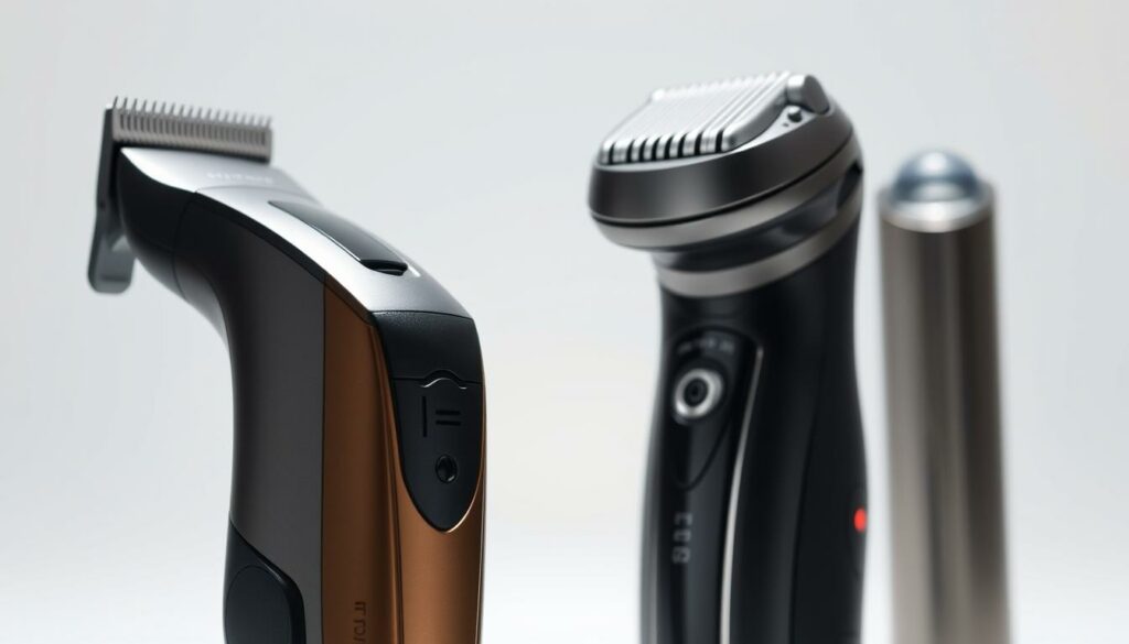 Barttrimmer vs. Elektrorasierer: A side-by-side comparison showcasing the distinctive features and capabilities of these grooming tools. In the foreground, a high-quality barttrimmer with a sleek, ergonomic design and precision trimming blades. In the middle ground, a modern electric shaver with a contoured head and pop-up trimmer, ready to deliver a close, comfortable shave. The background sets the scene with a minimalist, well-lit studio setup, emphasizing the products' premium quality and performance. The lighting is soft and directional, highlighting the textures and details of the devices. The overall mood is one of sophistication and functionality, allowing the viewer to envision which tool would best suit their personal grooming needs.