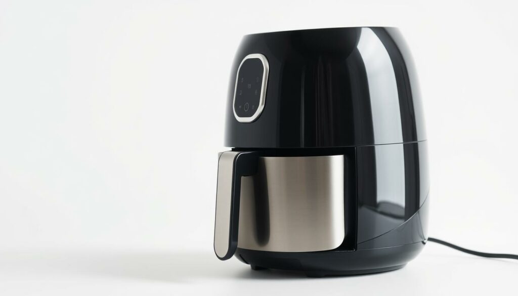 Detailed close-up of a modern electric air fryer against a clean, minimalist background. The appliance is shown in profile, showcasing its sleek and compact design. Bright, diffused lighting illuminates the device, highlighting its shiny metal exterior and digital control panel. The image conveys a sense of energy efficiency and environmental friendliness, with a focus on the appliance's low power consumption. The composition emphasizes the air fryer's key features, inviting the viewer to consider its impact on energy usage and sustainability.