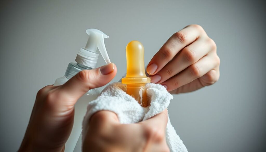 Detailed close-up photograph of a person's hands thoroughly cleaning and disinfecting a realistic silicone anal plug. Soft, even lighting illuminates the gleaming plug against a neutral background, emphasizing the nuanced textures and intricate design. Hands in the foreground are using a specialized toy cleaner and soft cloth, meticulously scrubbing every surface to ensure maximum hygiene and safety. The scene conveys a sense of care, attention to detail, and a commitment to proper intimate product maintenance.