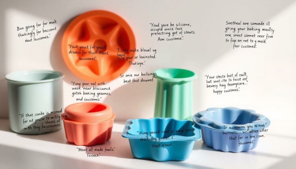 Detailed customer reviews of high-quality silicone baking molds, showcased against a clean, minimalist background. Crisp product shots in soft, natural lighting highlight the smooth texture and vibrant colors of the molds. Subtle shadows and a sense of depth add depth and dimension. A serene, inviting atmosphere evokes the joy of home baking and crafting. Candid, handwritten-style testimonials from satisfied customers scattered throughout the composition, conveying their positive experiences and appreciation for the molds' performance and durability. An elegant, understated aesthetic that aligns with the section's focus on customer insights and reviews.