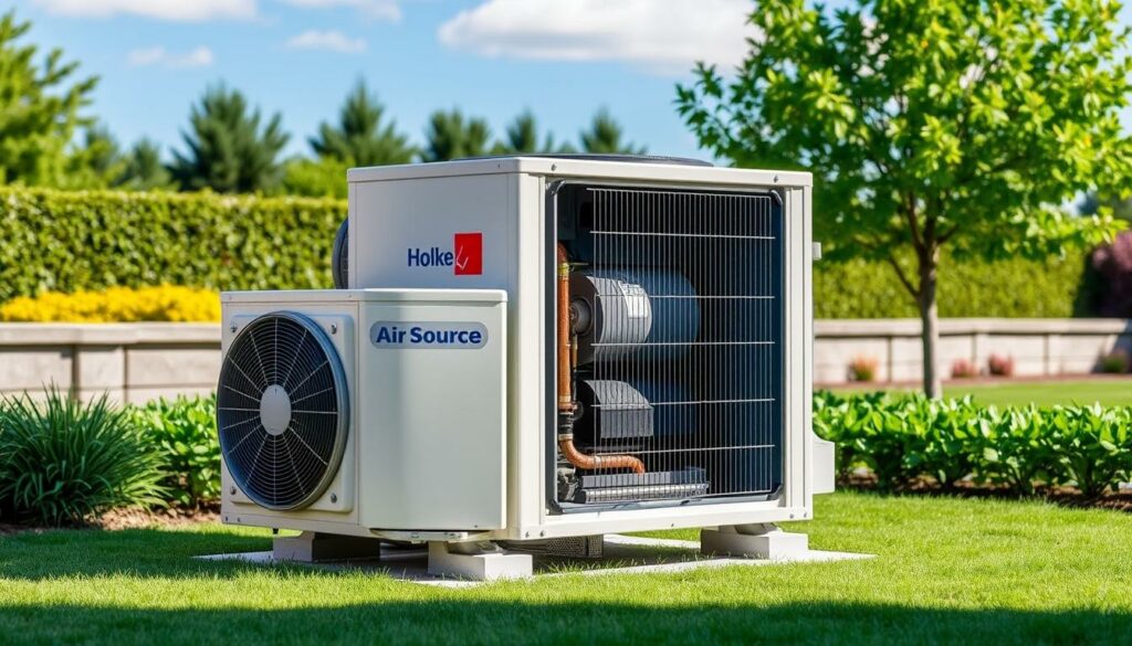 Detailed, high-quality image of an air-source heat pump outdoor unit, showcasing its key components and installation considerations. The unit is placed in a well-ventilated, open area, with a clear view of the compressor, heat exchanger coils, and fan. The background features a neatly landscaped yard, with lush greenery and a clear blue sky, conveying a sense of harmony and efficiency. Lighting is soft and natural, emphasizing the technical details of the unit. The overall scene should inspire confidence in the viewer's ability to properly install and position the heat pump for optimal performance.