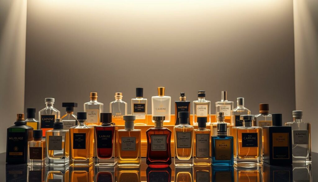 Elegant array of diverse men's fragrances, showcased in a high-end, sophisticated setting. Foreground features an assortment of glass bottles with distinct shapes and colors, capturing the essence of each unique scent. Middle ground depicts a polished, wooden display stand, exuding a sense of luxury and refinement. The background showcases a minimalist, monochromatic backdrop, allowing the fragrances to take center stage. Soft, warm lighting illuminates the scene, creating a inviting and alluring atmosphere. Overall, the image conveys the refined, varied nature of men's cologne, reflecting the diverse tastes and preferences of the modern gentleman.