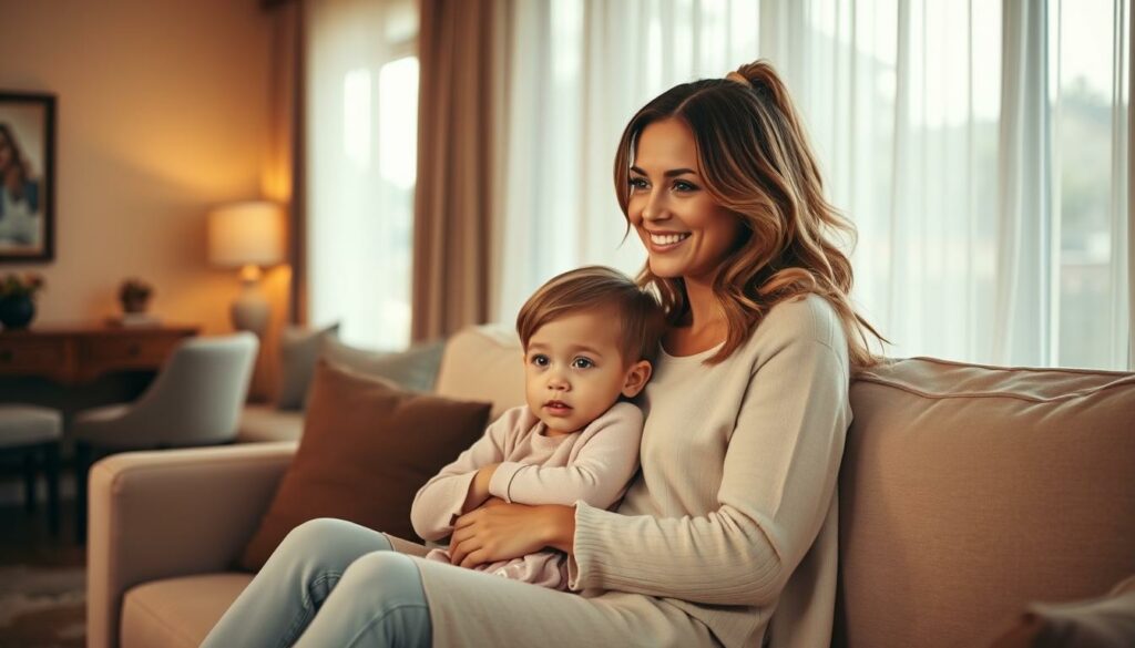 Familie und Karriere A warm, intimate scene of Jessica Alba in her private life, basking in the glow of familial bliss. In the foreground, Jessica is seated on a plush, neutral-toned sofa, her expression radiating a soft, maternal joy as she embraces her two young children, a boy and a girl, who sit nestled beside her. Soft, diffused lighting filters in from a large, curtained window in the middle ground, casting a gentle, luminous glow on the trio. In the background, glimpses of a well-appointed, tastefully decorated living room, hinting at the comfort and luxury of Jessica's private domain. The overall mood is one of tranquility, balance, and the fulfillment that comes from achieving a harmonious work-life balance.