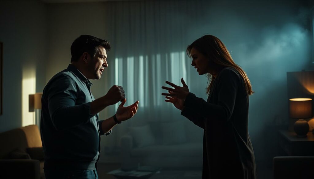 Hostile confrontation between a couple, erupting in a heated argument. In the foreground, two figures, a man and a woman, gesticulating emphatically, faces twisted in anguish. Their bodies are tense, bodies leaning towards each other, hands clenched. The middle ground is shrouded in a haze of tension, the atmosphere thick with unresolved conflict. In the background, a dimly lit interior, sparse furnishings casting long shadows, conveying a sense of isolation and emotional distance. Dramatic lighting casts dramatic shadows, enhancing the sense of turmoil. Cinematic camera angle, with a slight low perspective, heightening the drama and intensity of the scene.
