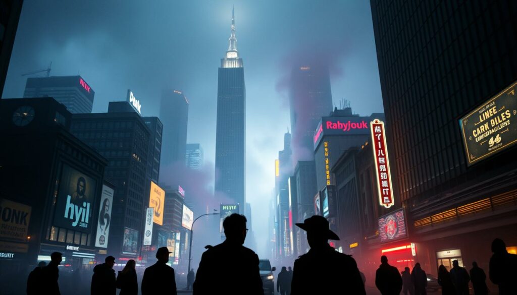 Lush, sweeping orchestral score fills a grandiose, cinematic landscape. The camera pans across a dreamlike cityscape, with towering skyscrapers and neon-lit streets. Dramatic chiaroscuro lighting casts shadows and highlights, creating a moody, atmospheric ambiance. In the foreground, a group of characters are silhouetted, lost in the beauty of the scene, captivated by the stirring musical accompaniment. The composition is visually striking, with a strong sense of depth and scale, evoking the grandeur and artistry of the best television series.