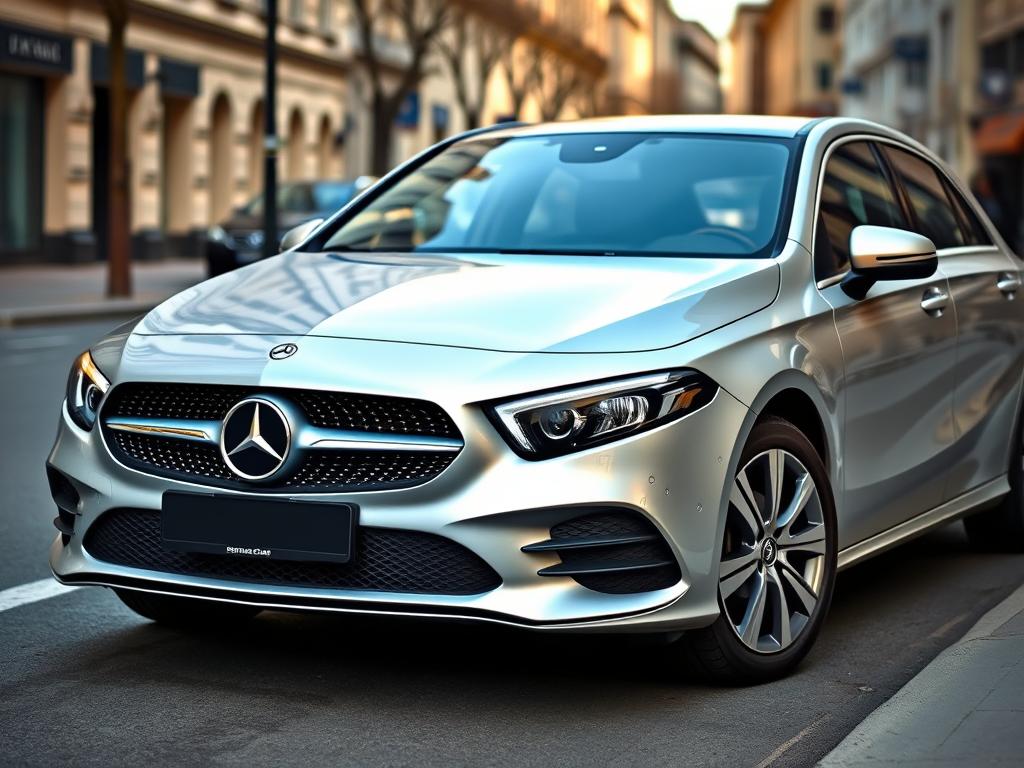 Mercedes A-Klasse in Silber auf einer Stadtstraße Mercedes A-Klasse in Silber auf einer Stadtstraße