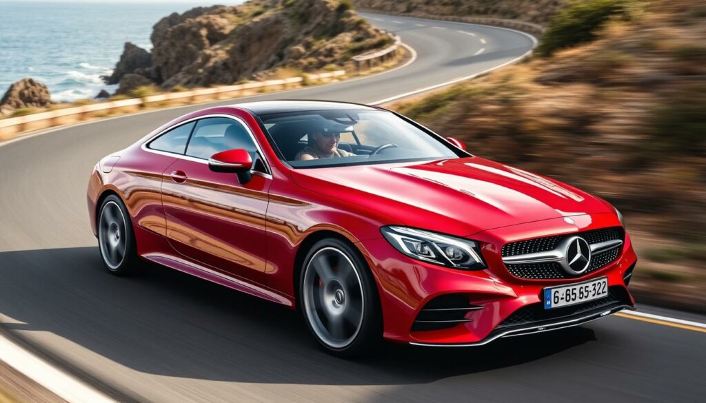 Mercedes CLE Coupé in Rot auf kurviger Straße Mercedes CLE Coupé in Rot auf kurviger Straße