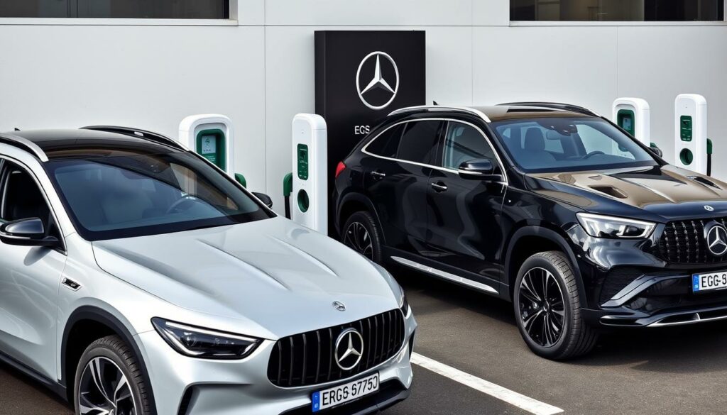 Mercedes EQS und EQE SUV nebeneinander an Ladesäulen