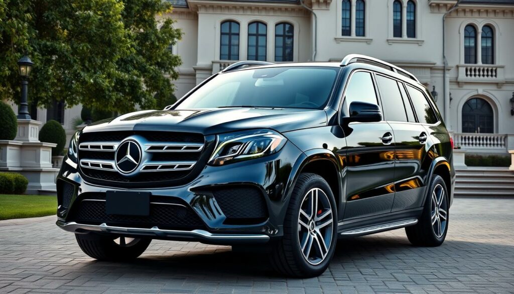 Mercedes GLS SUV in Schwarz vor luxuriösem Anwesen Mercedes GLS SUV in Schwarz vor luxuriösem Anwesen