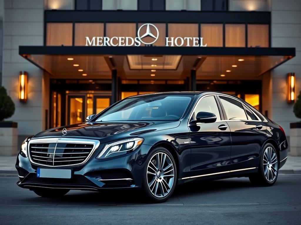Mercedes S-Klasse Limousine in Dunkelblau vor Luxushotel Mercedes S-Klasse Limousine in Dunkelblau vor Luxushotel