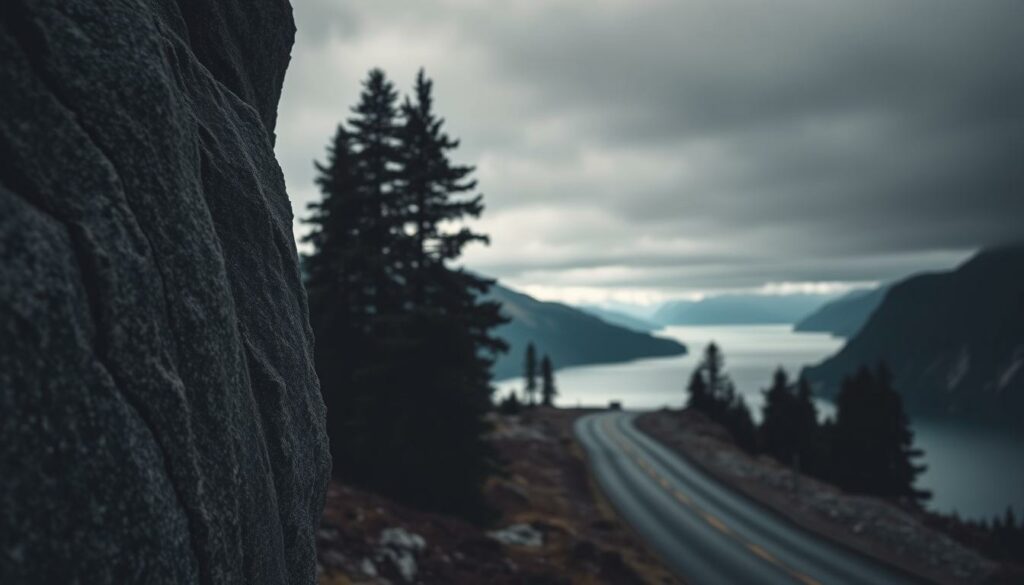 Prompt A dimly lit Scandinavian landscape, with a moody, atmospheric feel. In the foreground, a close-up of a granite cliff face, textured and weathered by time. In the middle ground, a winding road leads into the distance, flanked by tall, dark pine trees. The sky is overcast, with soft, diffused light filtering through the clouds. In the background, a sprawling fjord stretches out, its calm waters reflecting the muted colors of the scene. The overall mood is one of mystery, introspection, and a sense of isolation, capturing the essence of Nordic noir storytelling.