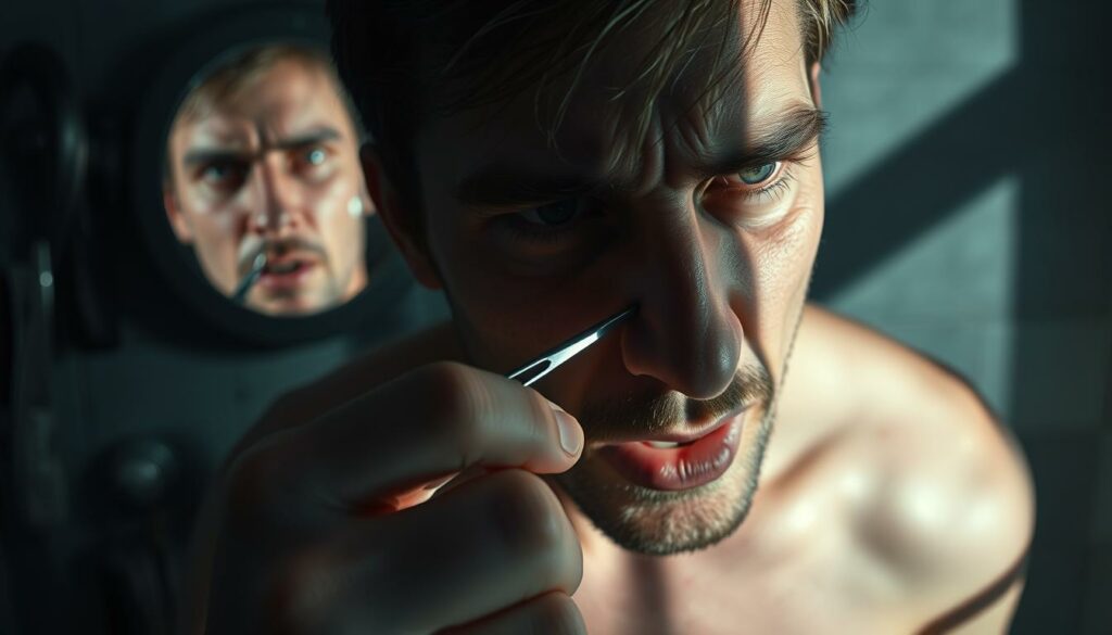Prompt A perilous close-up scene of a person attempting to remove nose hairs with a pair of tweezers in a dimly lit, unclean bathroom. The tweezers are grasped tightly, the person's expression is one of intense focus and discomfort. The background is cluttered with various grooming tools, a cracked mirror reflecting the tense moment. Dramatic side lighting casts long, ominous shadows, heightening the sense of risk and potential harm. The overall atmosphere conveys a palpable tension, emphasizing the inherent danger of this risky, ill-advised grooming method.