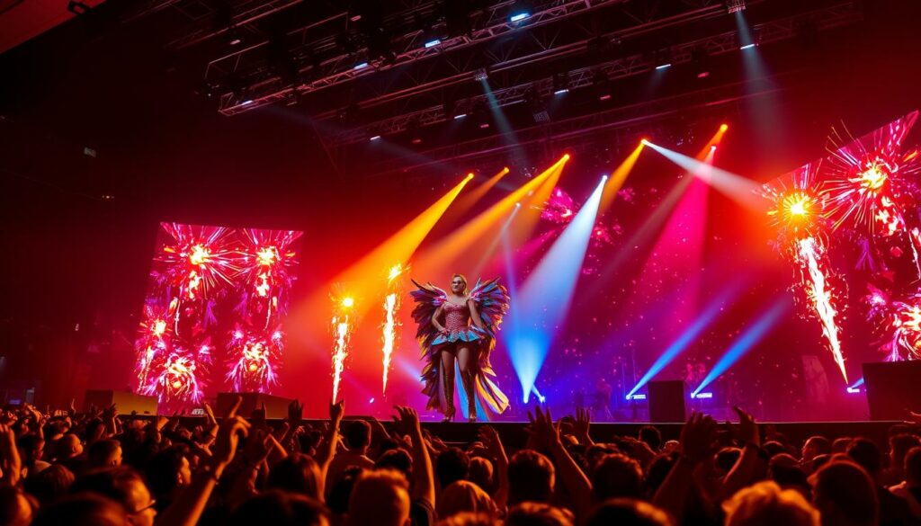 Shirin David performing on a large concert stage, the stage filled with vibrant lighting and dynamic special effects. Shirin stands center stage, dressed in an elaborate, colorful costume that commands attention. The audience is visible in the foreground, their energy palpable as they dance and sing along. The stage is set against a backdrop of dramatic, moody lighting, creating a sense of atmosphere and spectacle. The overall scene captures the electrifying live experience of a Shirin David concert, reflecting the grandeur and showmanship that defines her performances.