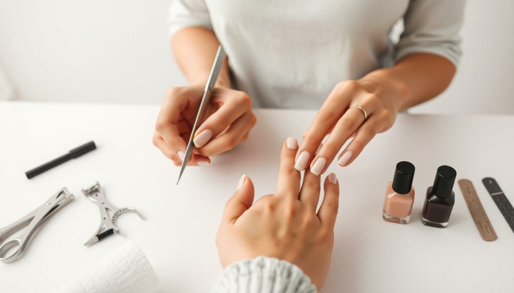 Step-by-step manicure process showcased in a clean, bright studio setting. In the foreground, a woman's hands are delicately performing each stage - filing nails, applying cuticle oil, buffing, painting nails with a neutral color. The middle ground features various manicure tools like nail clippers, emery boards, and polishes neatly arranged on a white tabletop. The background has a minimalist white wall, creating a soothing, professional ambiance. Soft, even lighting illuminates the scene, capturing the intricate details of the manicure techniques. The overall mood is one of tranquility, precision, and the importance of proper nail care.