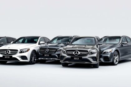 Verschiedene Mercedes Autotypen in einer Reihe aufgestellt
