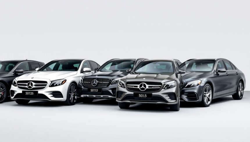 Verschiedene Mercedes Autotypen in einer Reihe aufgestellt