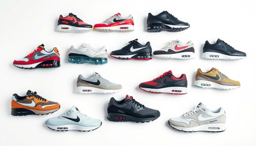 Verschiedene Nike Air Max Modelle in einer Reihe angeordnet