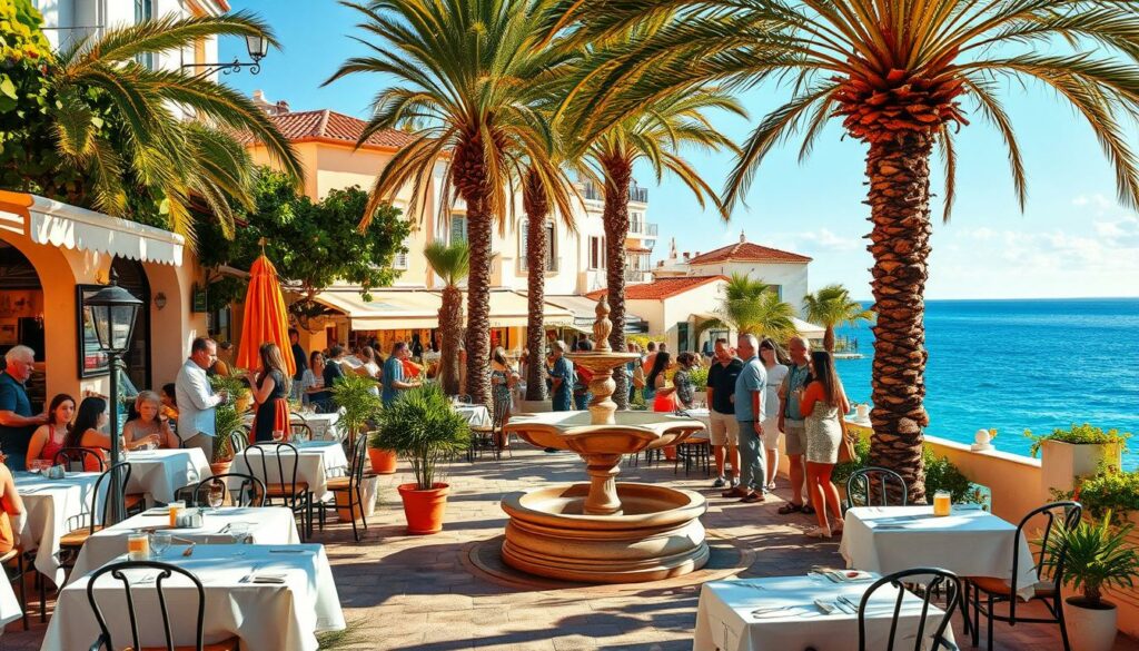 Vibrant Ibiza nightlife: a bustling coastal town, with lively restaurants and bars nestled among palm-fringed promenades. An outdoor scene, bathed in warm Mediterranean sunlight, showcases a charming alfresco dining area - white tablecloths, wrought-iron chairs, potted plants, and a central, ornate fountain. In the background, pastel-colored buildings with terracotta roofs line the narrow streets, while the azure waters of the Balearic Sea glisten on the horizon. Locals and tourists mingle, sipping cocktails and savoring local cuisine, a lively atmosphere of music, laughter, and the salty ocean breeze.