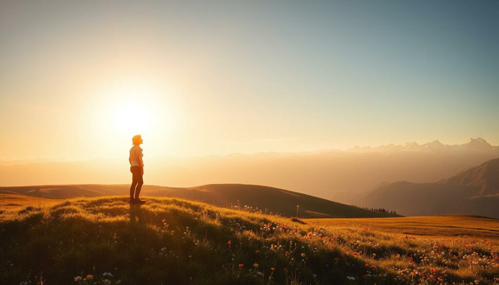 Zukunftsperspektiven: A serene landscape bathed in warm, golden light, as if basking in the promise of a bright future. In the foreground, a lone figure stands atop a grassy knoll, gazing into the distance with a contemplative expression. The middle ground features a rolling meadow, dotted with vibrant wildflowers that sway gently in a soft breeze. In the background, a range of majestic, snow-capped mountains rise up, their peaks reaching towards the heavens. The scene conveys a sense of tranquility, hope, and the boundless potential that lies ahead, inviting the viewer to imagine the possibilities that the future may hold.