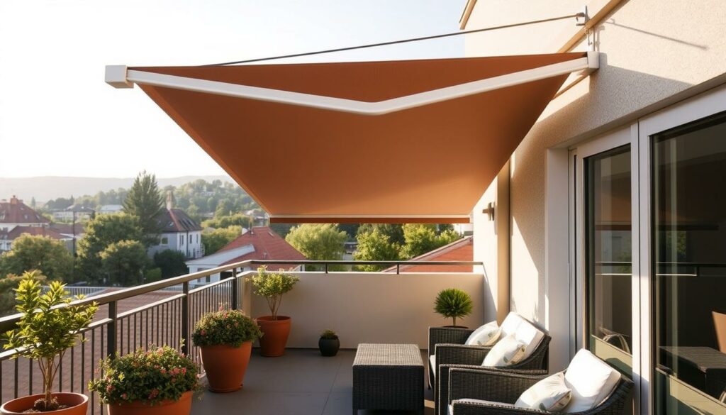 A balcony scene, showcasing a DIY installation of sun protection. In the foreground, a modern, minimalist awning system extends outward, casting a soft, even shadow over the balcony floor. Potted plants and outdoor furniture create a cozy, inviting atmosphere. In the middle ground, neatly installed brackets and rails support the awning structure, highlighting the precision of the installation. The background features a picturesque urban landscape, with buildings and trees providing a pleasant, natural backdrop. The lighting is natural, with a warm, golden glow suggesting a pleasant, late afternoon setting. The overall mood is one of functional simplicity and aesthetic harmony, reflecting the "Praktische Tipps zur Montage" theme.
