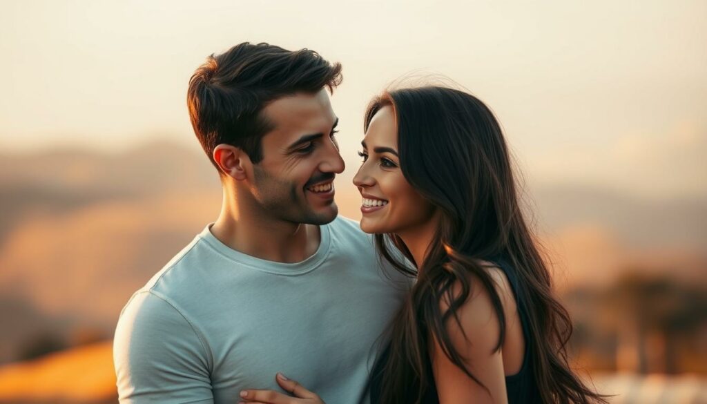A beautiful couple, Mike Heiter and Leyla Lahouar, standing together in a warm, soft-lit setting. Mike, with his chiseled jawline and piercing eyes, gazes lovingly at Leyla, whose delicate features and natural smile convey a sense of contentment. The pair are dressed casually, evoking an intimate, personal atmosphere. In the background, a blurred, romantic landscape sets the scene, with hues of golden hour adding a dreamlike quality to the image. The overall composition exudes a sense of harmony and affection, capturing the essence of their reality-TV inspired romance.