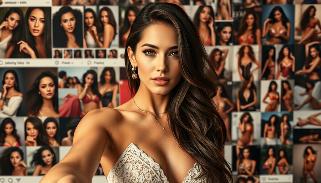 A beautifully curated Instagram feed showcasing Megan Fox's captivating social media presence. In the foreground, a collection of her most alluring selfies and candid snapshots, meticulously filtered and framed to accentuate her striking features. The middle ground captures her glamorous red carpet moments, the perfect lighting and angles highlighting her statuesque physique. In the background, a mosaic of her most provocative and daring posts, hinting at the actress' unapologetic self-expression. The overall mood is sultry and magnetic, reflecting Megan Fox's undeniable magnetic charm and online influence.