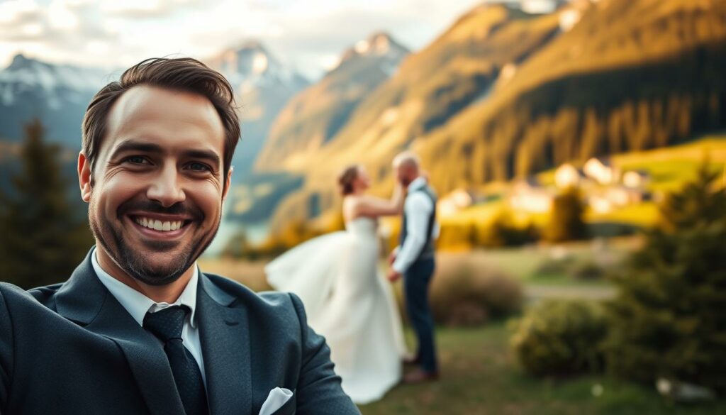 A beautifully curated Instagram post showcasing the newly-wedded Swiss celebrity chef Daniel Humm. The foreground features a close-up portrait of the groom, his face radiant with joy and pride. The middle ground captures the bride in a flowing white gown, their hands intertwined in a loving embrace. The background sets the scene, a picturesque Swiss alpine landscape with snow-capped peaks and lush greenery, bathed in warm, golden-hour light. The overall mood is one of celebration, romance, and the blissful union of two lives. The image is expertly framed, utilizing a shallow depth of field to draw the viewer's attention to the couple's intimate connection.
