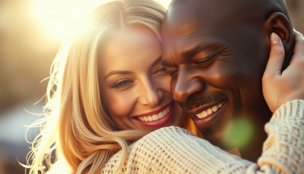 A beautifully lit close-up portrait of Heidi Klum and Seal embracing, their faces illuminated by a warm, golden-hour glow. Heidi's radiant smile and Seal's tender expression convey a deep, intimate connection between the two. The image is shot with a shallow depth of field, softly blurring the background to keep the focus on their cherished reunion. The overall mood is one of joy, affection, and a rekindled bond, evoking the special relationship between these two beloved public figures.