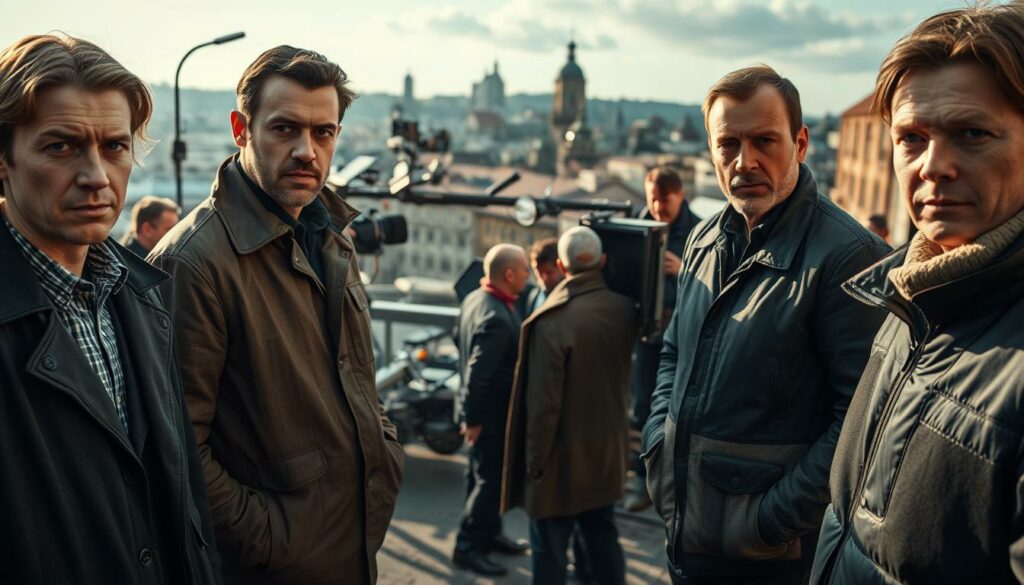 A behind-the-scenes look at the cast of the Dortmund "Tatort" crime drama, captured in a vivid, cinematic style. In the foreground, the lead actors stand confidently, their expressions conveying the intensity and dedication of their roles. The middle ground features the production crew, bustling with activity as they prepare the set, adjust lighting, and ensure every detail is perfect. In the background, the iconic Dortmund cityscape provides a dramatic backdrop, hinting at the gritty urban setting of the show. The image is bathed in a warm, golden tone, evoking a sense of professionalism and artistry that goes into the making of this beloved television series.