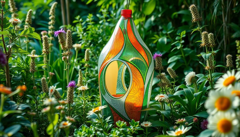 A bird house crafted from repurposed plastic bottles stands prominently in a lush, verdant garden. Diverse flora and fauna surround the structure, creating a harmonious, eco-friendly scene. The bird house features a unique, organic shape with vibrant, translucent panels that allow natural light to filter through, providing a cozy, inviting shelter for feathered visitors. Soft, diffused lighting illuminates the scene, casting a warm, welcoming glow. The composition emphasizes the innovative, sustainable nature of the project, celebrating the transformation of everyday waste into a functional, visually striking piece of outdoor decor.