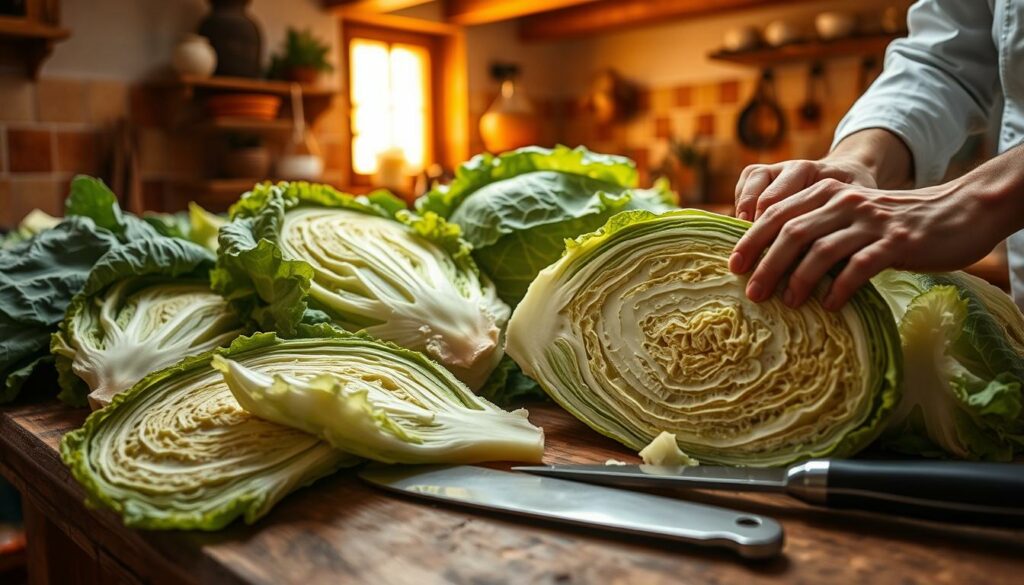 A bountiful harvest of eternal cabbage lies on a rustic wooden table, illuminated by warm, golden light from a nearby window. In the foreground, a chef's skilled hands carefully trim and prepare the lush, verdant leaves, their intricate textures and layered patterns captured in exquisite detail. In the middle ground, a cutting board displays the cabbage's distinctive ridges and veins, while a sharp knife rests nearby, ready to slice and dice the hearty produce. The background features a cozy, country-style kitchen, with terracotta tiles, exposed beams, and the faint aroma of simmering spices wafting through the air, setting the stage for the perfect preparation of this eternal culinary treasure.